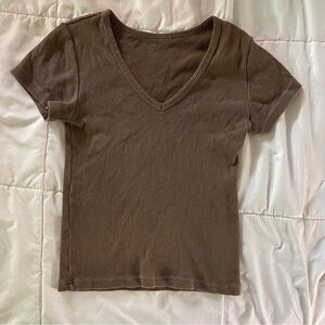 Brandy Melville Chocolate Brown V-Neck Ribbed Tee
